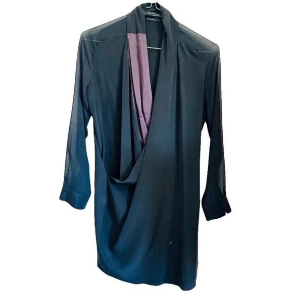 ALLSAINTS Black LBD Long Sheer Sleeve Silk Panel Asymmetrical Ruche Mini Dress 6 - Picture 13 of 13